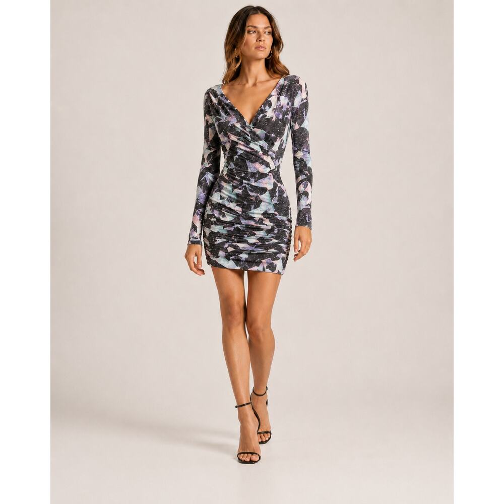 IRO Adecruz Silk Mini Dress 2 XS FR 34 Ruched Skirt Long Sleeves NWT $745